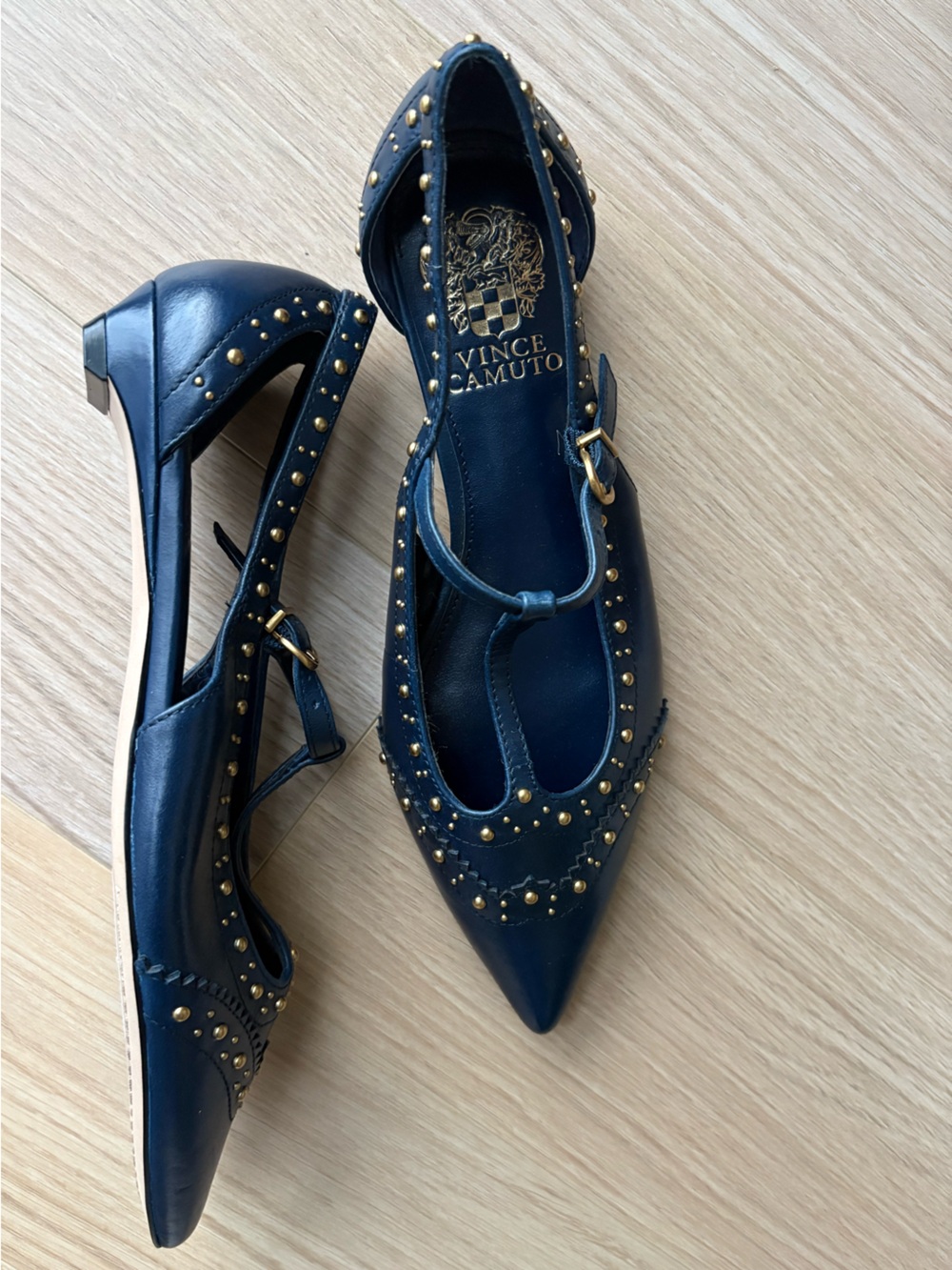 Navy Gold-Studded T-Strap Flats - Picture 2 of 5